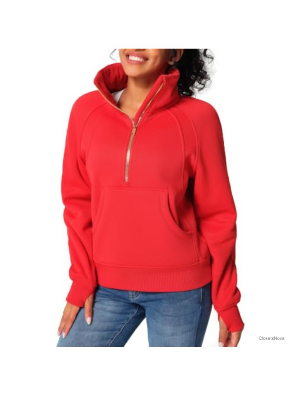 Fleece Lined Half Zip Pullover Crop Sweatshirt Stand Collar Kangaroo Pocket